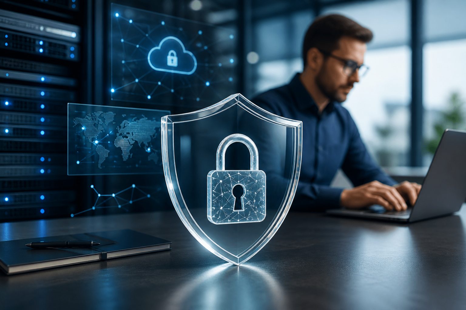 Website security dashboard showing a shield, lock, and threat alerts