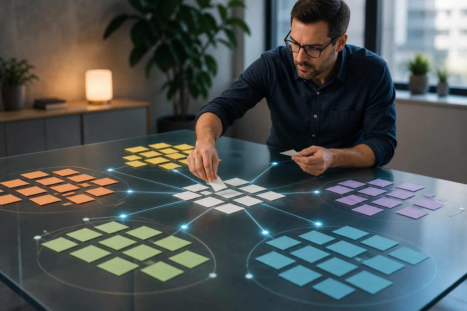 Keyword clusters mapped around SEO topics on a content strategy board